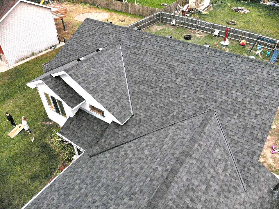 Drone photo of a completed Patriot Homes Roofing Job