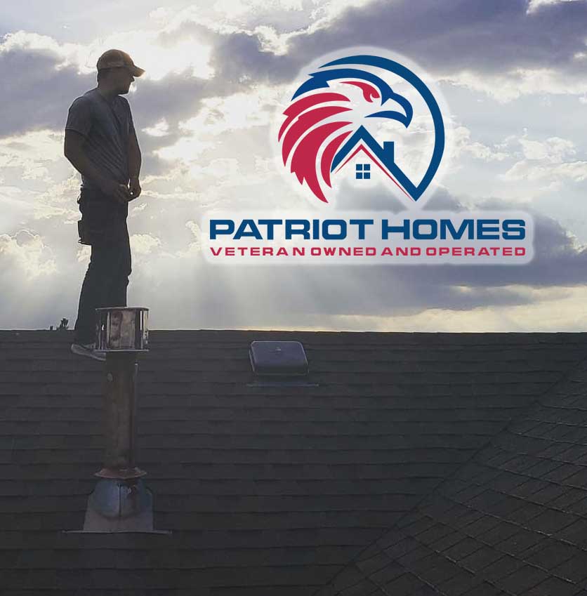 Patriot Homes logo with a worker working standing on a roof in a sunset