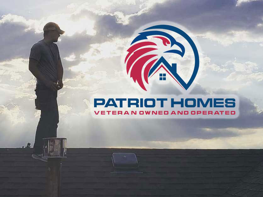 Patriot Homes Logo on a sunset photo of a man and a rooftop